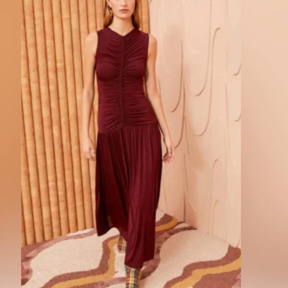 Ulla Johnson Burgundy Ruched Midi Dress XS Fit Flare Maroon Party Designer $600